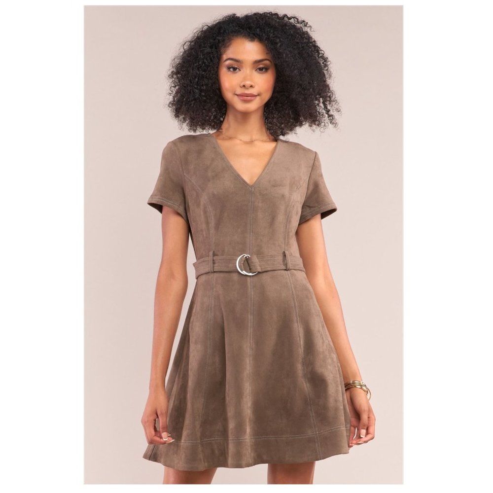 📦 MOVE OUT SALE - Olive Green Suede Belted Mini Dress